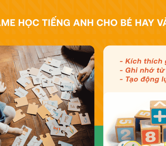 Hình ảnh minh họa các game học tiếng Anh cho bé, bao gồm trò chơi xếp hình chữ cái và xếp khối gỗ số, giúp bé vừa chơi vừa học hiệu quả.