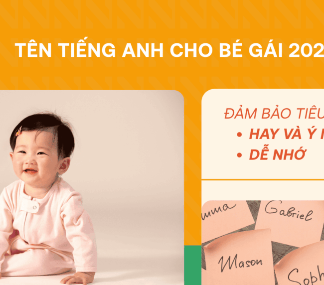 Hình ảnh một bé gái đáng yêu đang cười tươi, minh họa cho bài viết về tên tiếng Anh cho bé gái 2025. Bên cạnh là các tiêu chí chọn tên: hay, ý nghĩa và dễ nhớ.